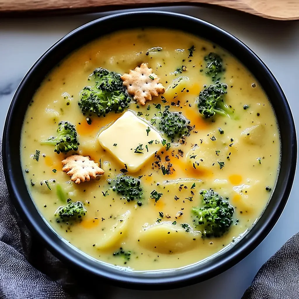 Bowl of cheesy potato and broccoli soup garnished with herbs