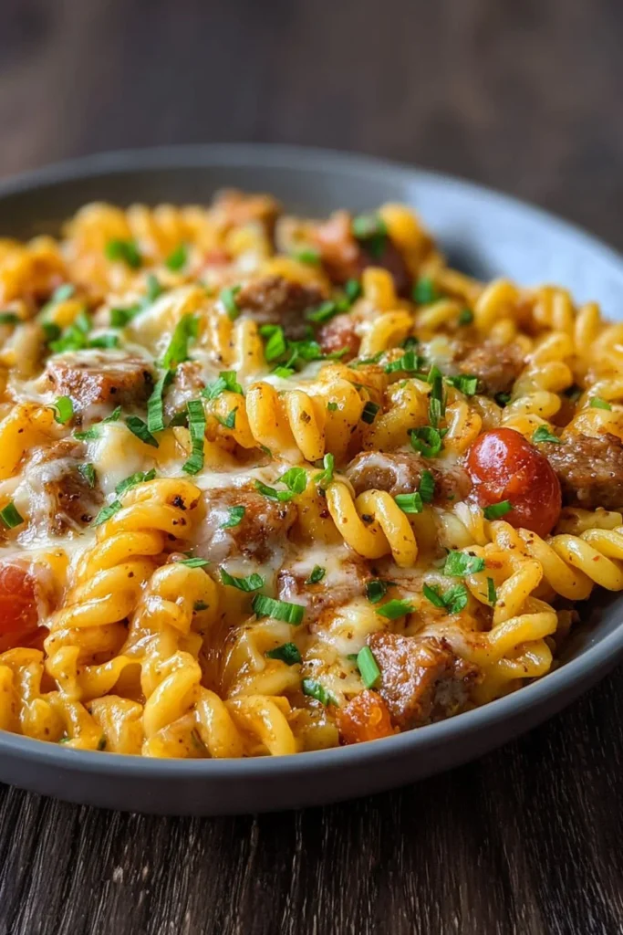 Cheesy sausage pasta skillet served in a bowl with herbs on top