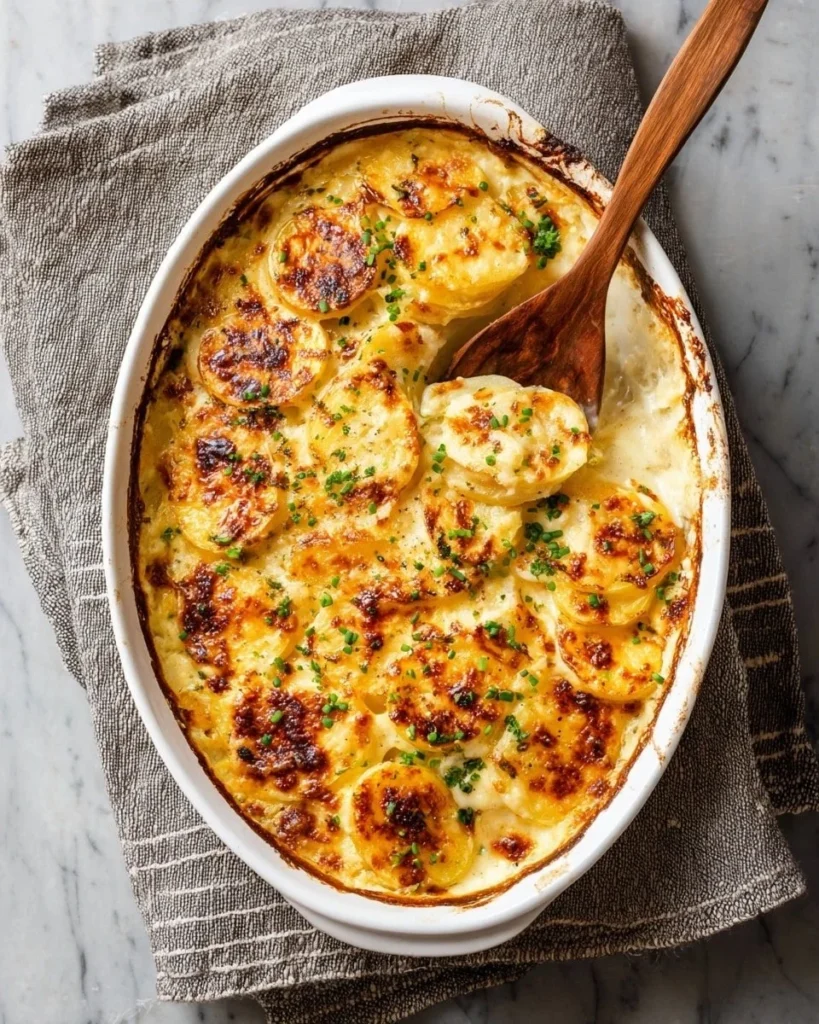 Delicious cheesy scalloped potatoes topped with melted cheese and herbs