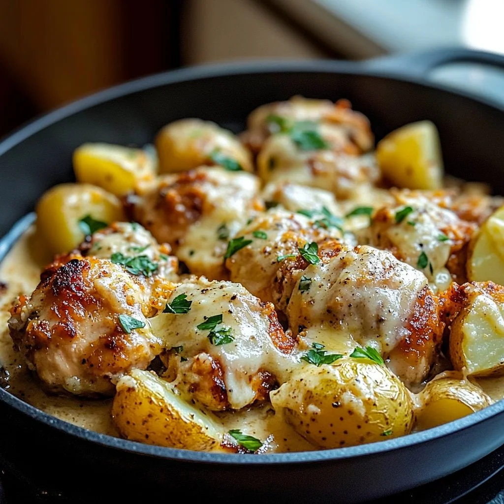 Cheesy Skillet Garlic Parmesan Chicken served with potatoes
