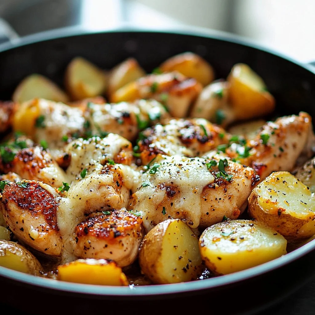 Cheesy skillet garlic parmesan chicken cooked with potatoes in a delicious sauce