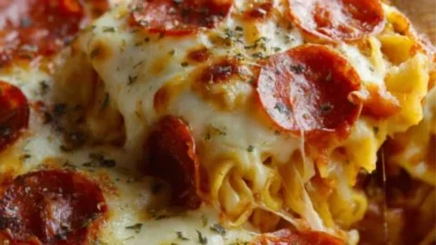 Cheesy tortellini pepperoni pizza bake served on a plate