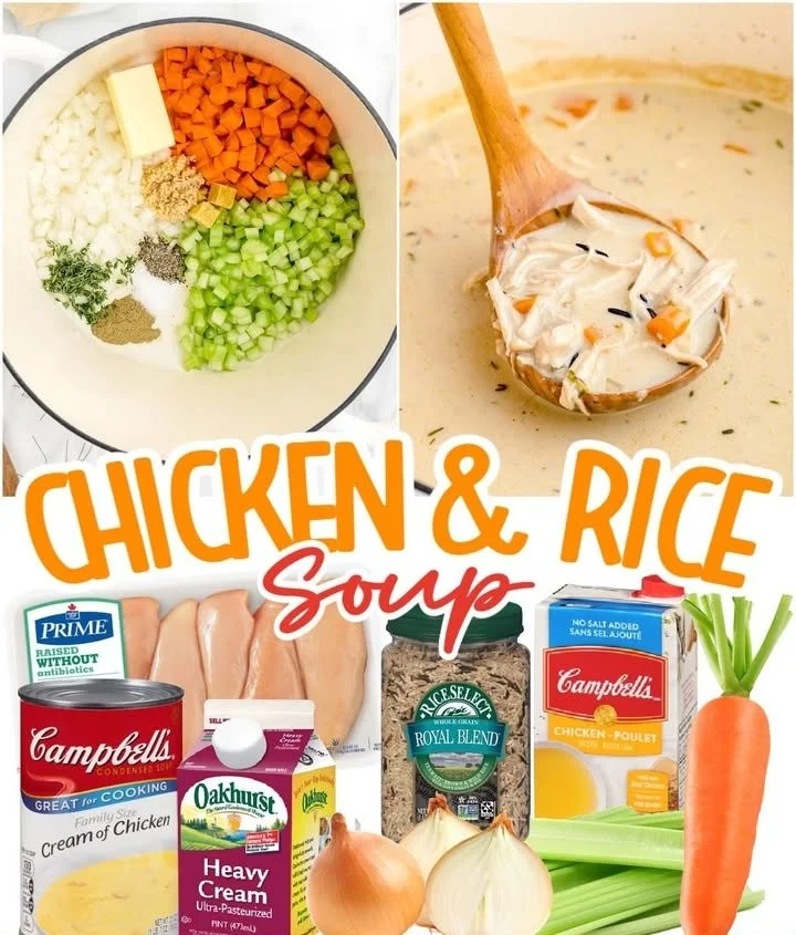 Bowl of homemade chicken rice soup with vegetables and herbs