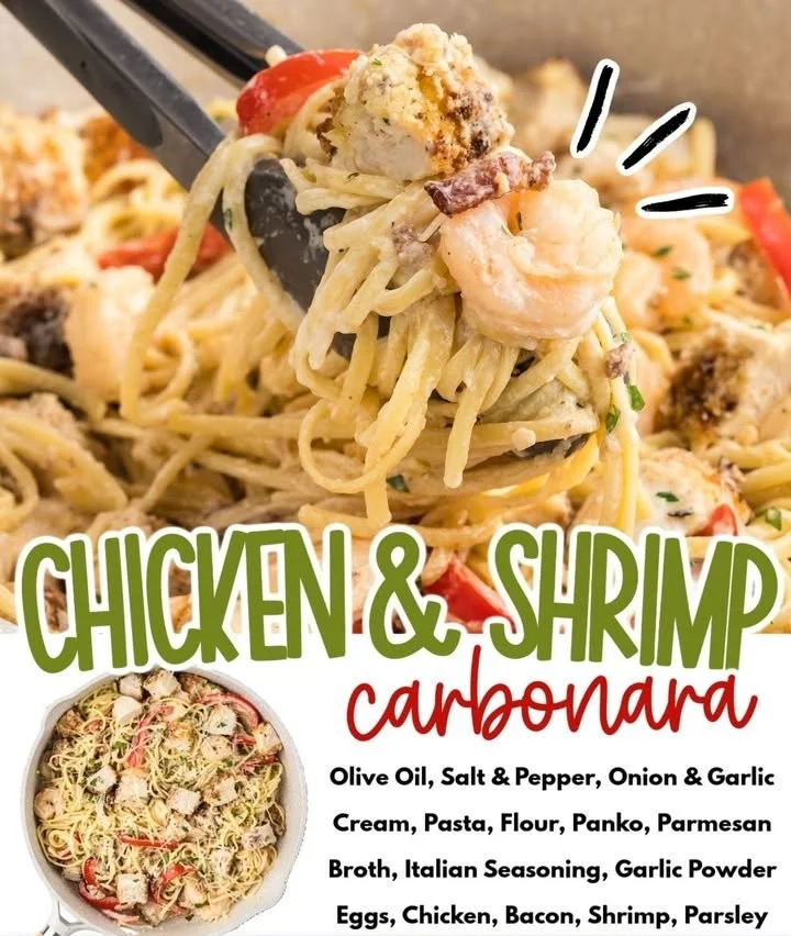 Delicious Chicken and Shrimp Carbonara served in a bowl with creamy sauce.