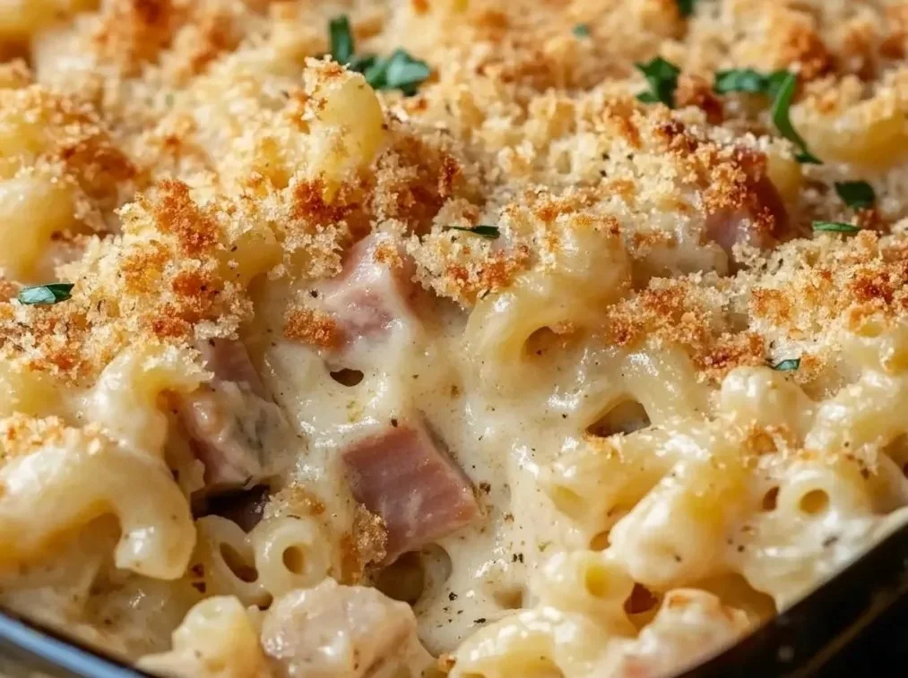 Delicious Chicken Cordon Bleu Casserole topped with melted cheese and breadcrumbs
