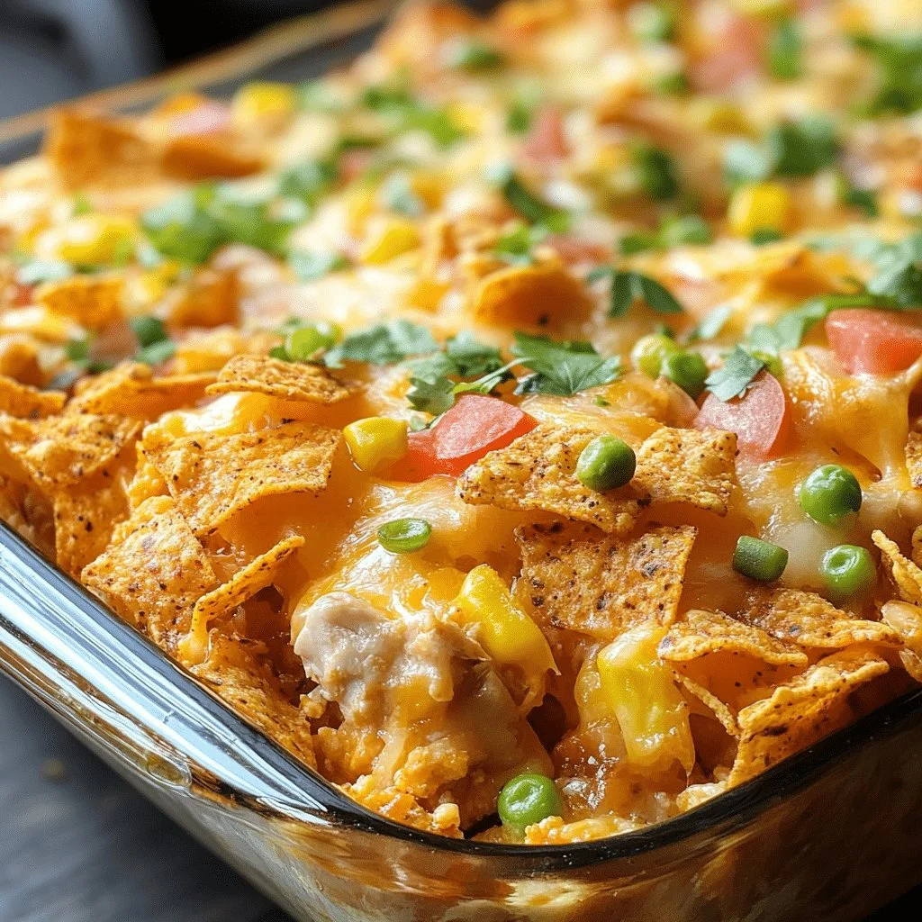 Delicious Chicken Dorito Casserole topped with crunchy Doritos and melted cheese