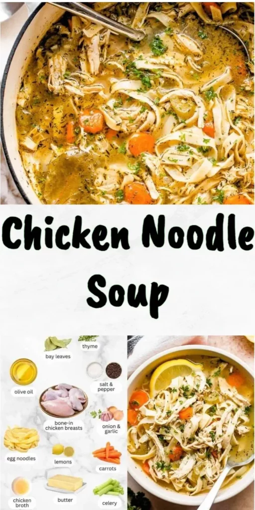 Bowl of homemade chicken noodle soup with fresh ingredients and herbs