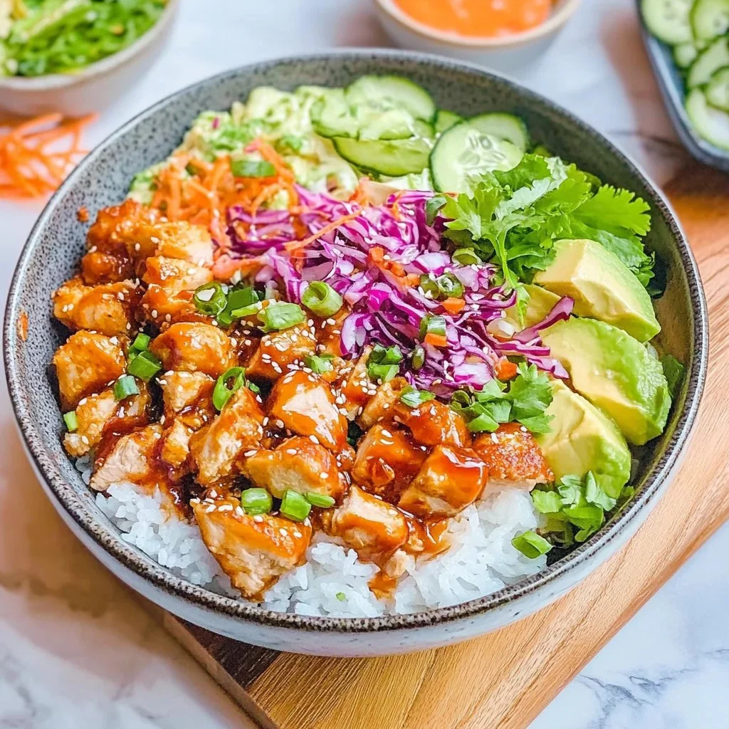 Delicious Chicken Poke Bowl with fresh vegetables and toppings