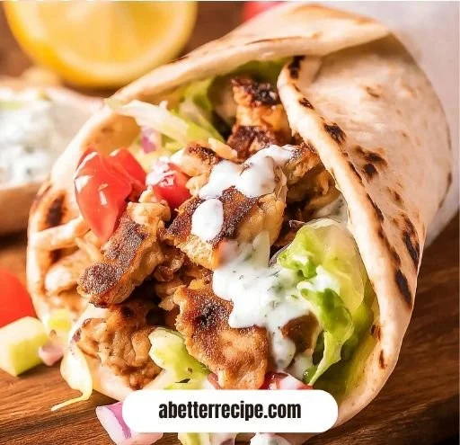 Delicious chicken shawarma topped with creamy garlic sauce and fresh vegetables