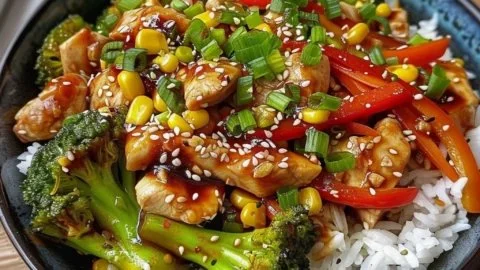 Colorful chicken stir-fry with vegetables in a skillet
