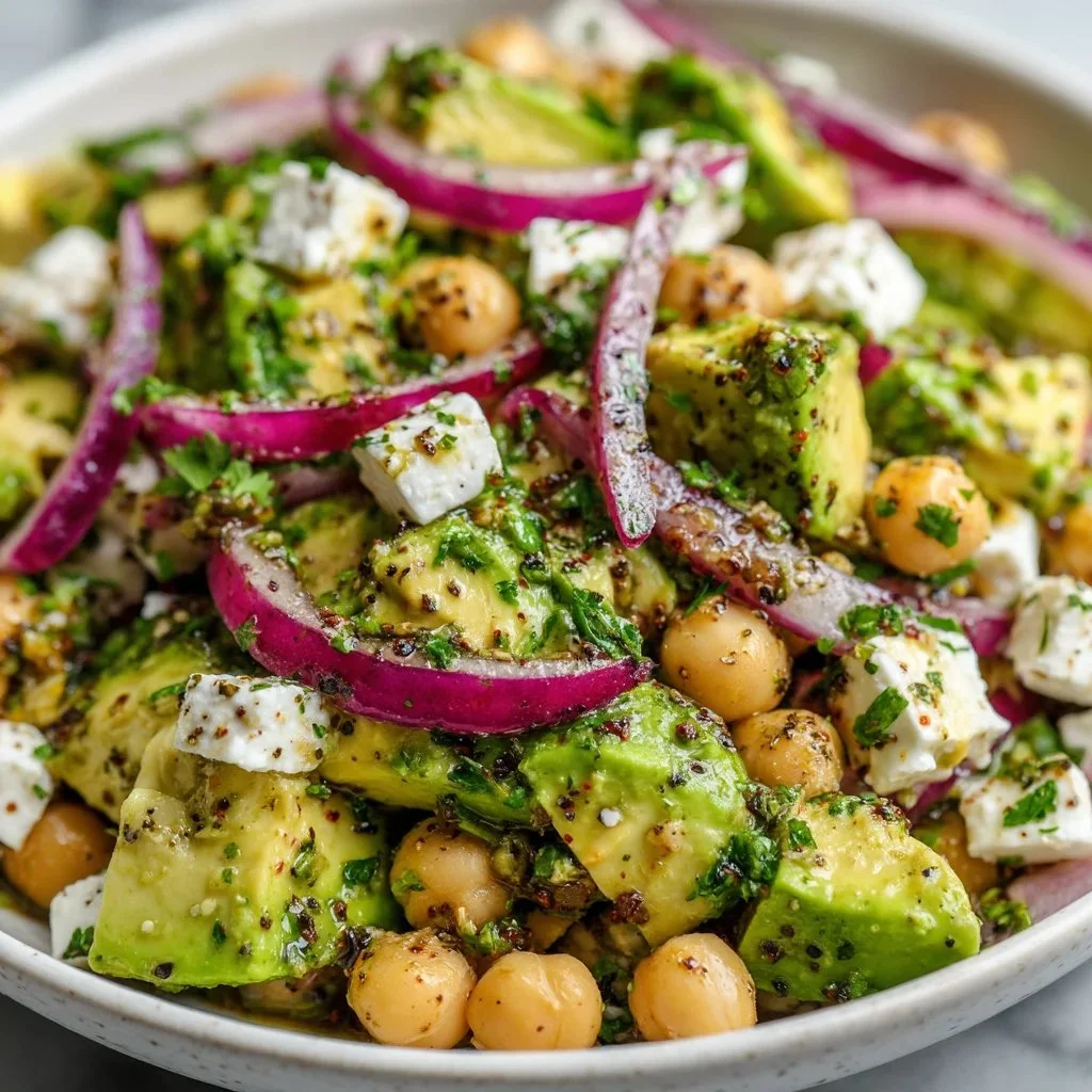 Chickpea Feta Avocado Salad in a bowl with fresh ingredients