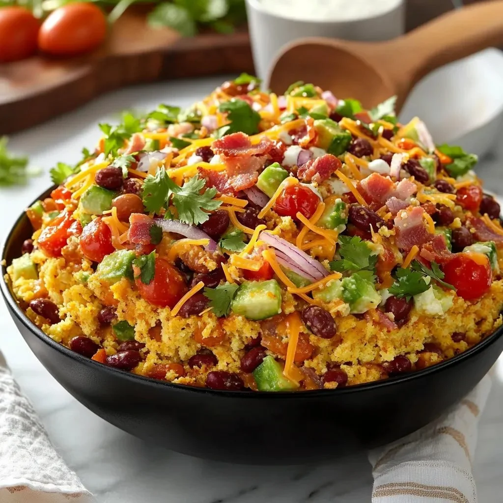 Delicious Chili Cornbread Salad served in a bowl with vibrant toppings.