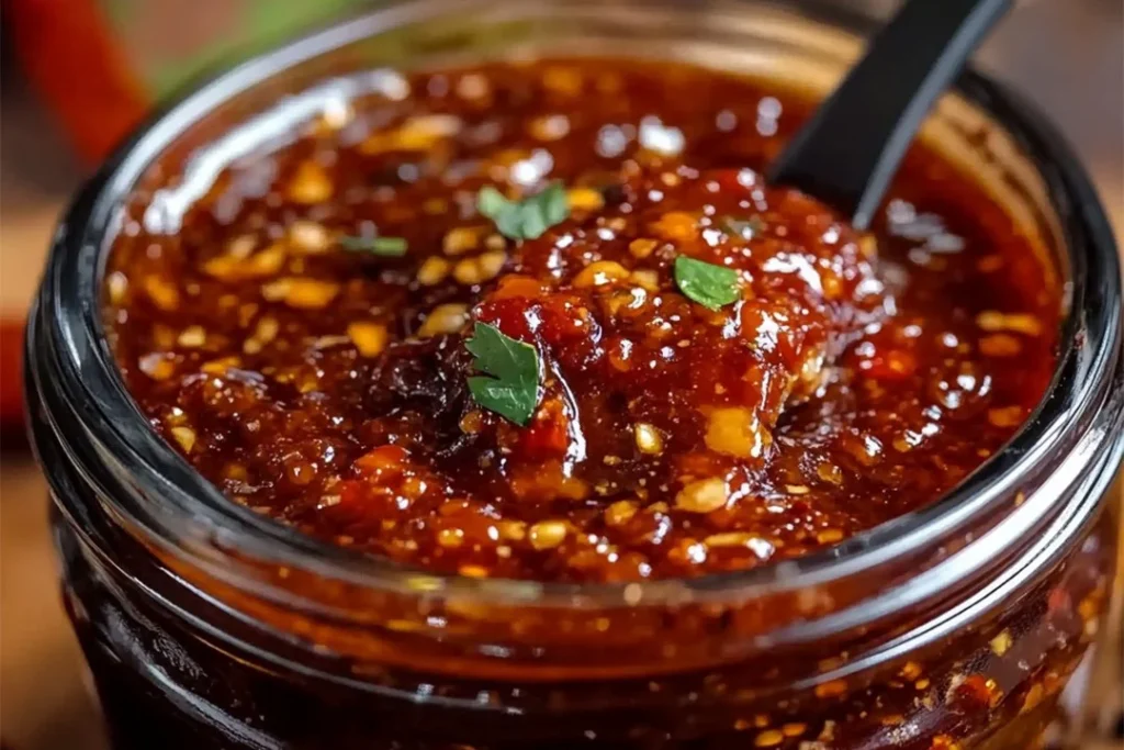Homemade Chili Garlic Sauce in a bowl with garlic and chili peppers