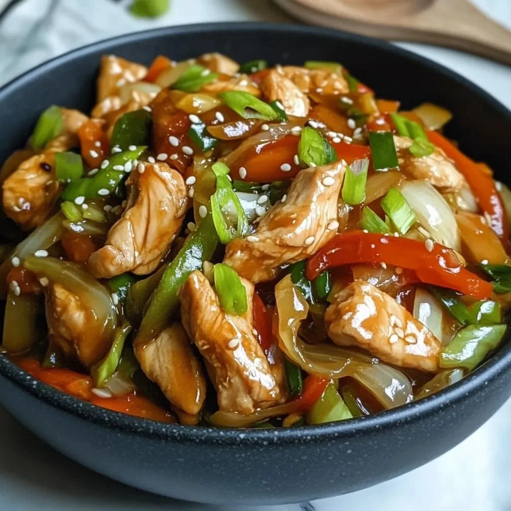 A delicious bowl of Chinese chicken and cabbage stir-fry with vegetables.