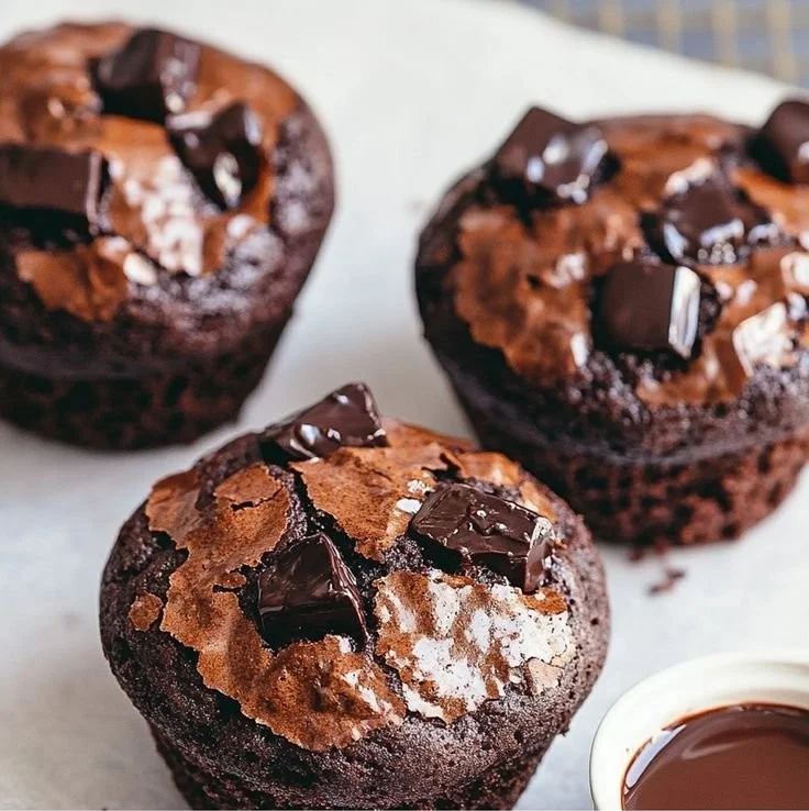 Delicious chocolate chip brownie muffins fresh out of the oven