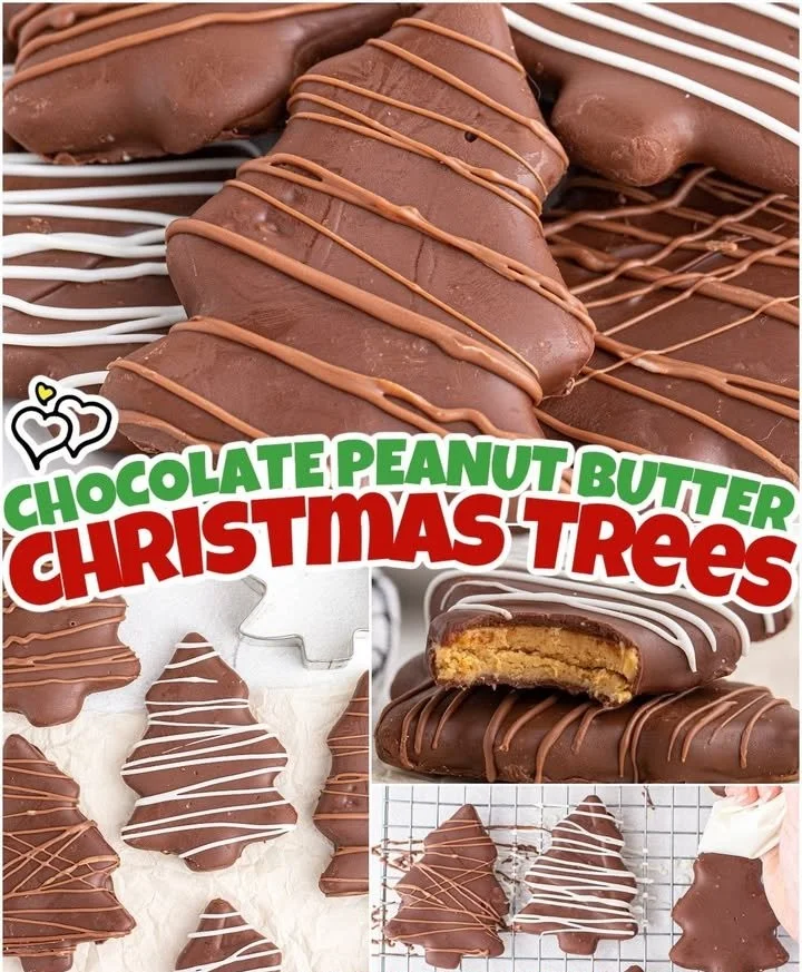 Festive Chocolate Peanut Butter Christmas Trees on a decorative platter