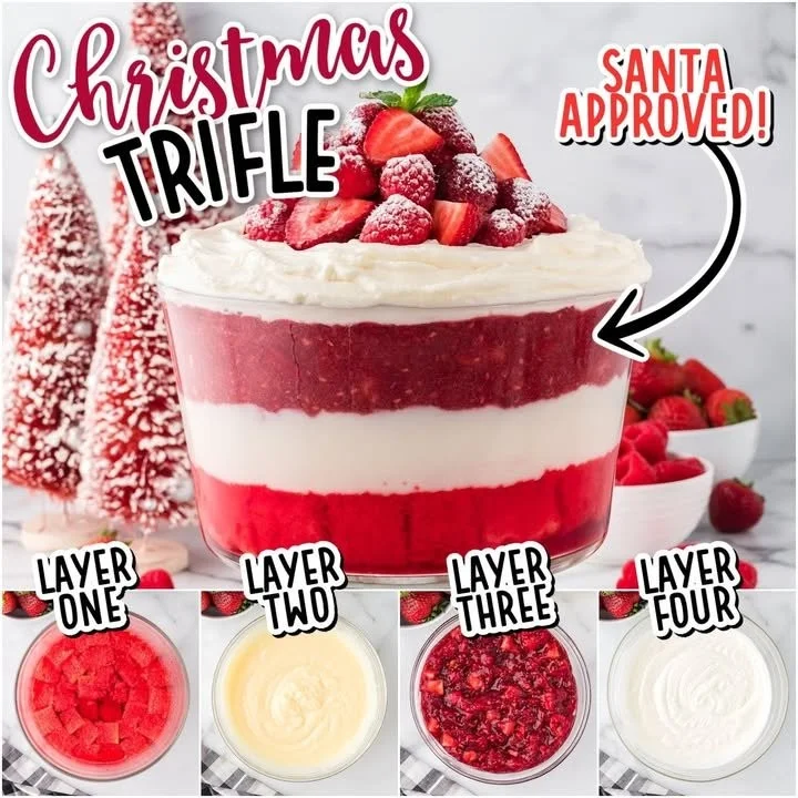 Delicious Christmas Trifle with layers of fruits, sponge cake, and custard