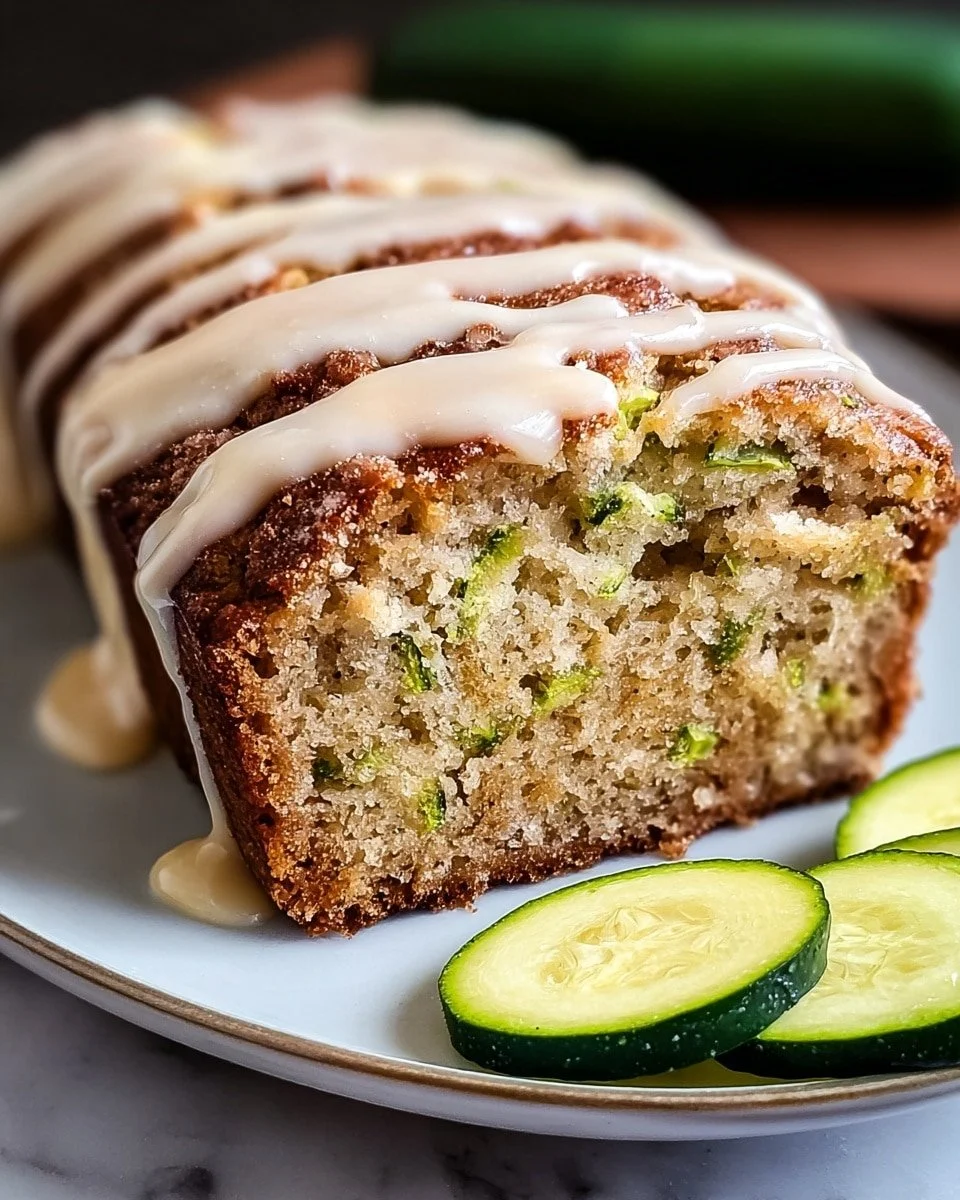 Loaf of cinnamon roll zucchini bread with icing drizzled on top