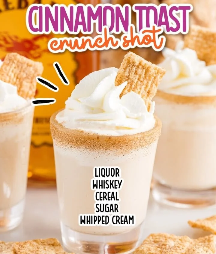 Cinnamon Toast Crunch Shot cocktail topped with cereal for added crunch