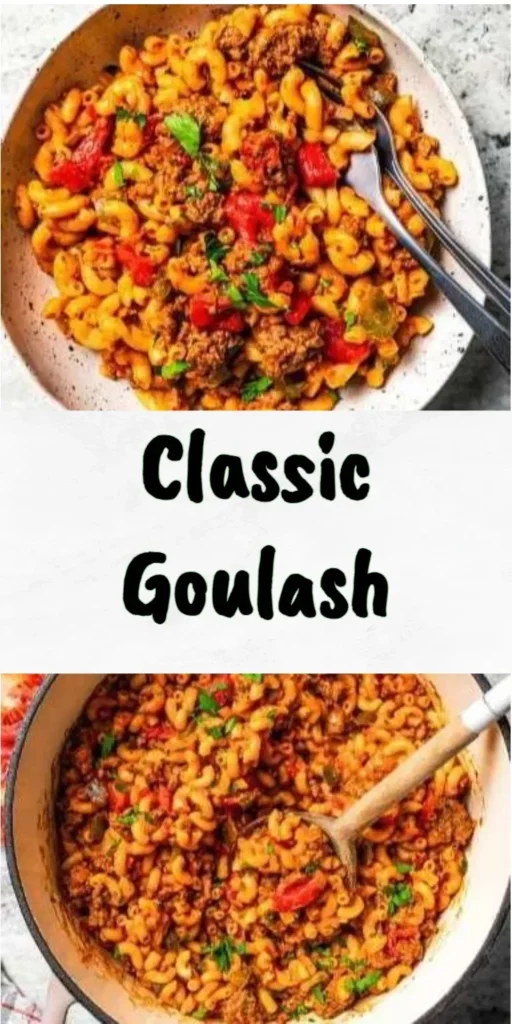 Bowl of classic goulash featuring pasta, beef, and vegetables.