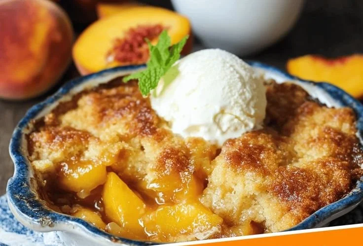 Delicious classic oven-baked peach cobbler served in a rustic dish