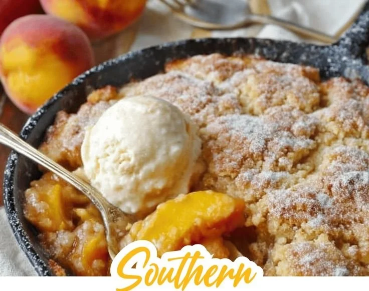 Delicious Classic Southern Peach Cobbler dessert with fresh peaches and golden crust