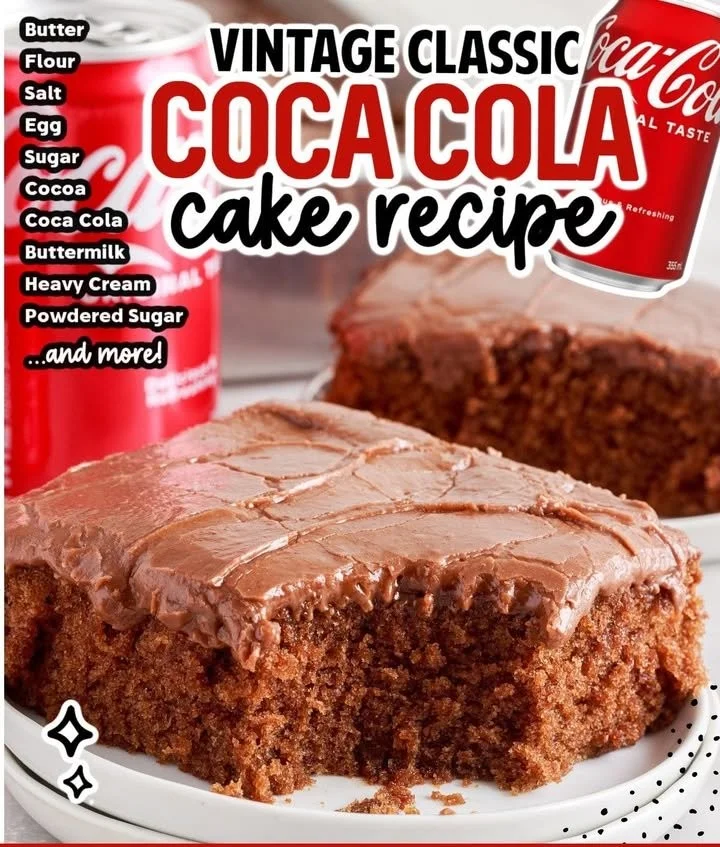 Homemade Coca Cola Cake with chocolate icing and a slice on a plate