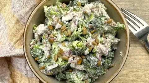 Cottage Cheese Broccoli Salad with fresh vegetables in a bowl