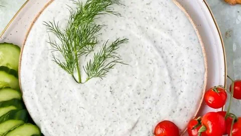 Cottage Cheese Ranch Dip served with fresh veggies and crackers