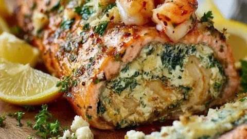Crab shrimp stuffed salmon on a plate, garnished and ready to serve.