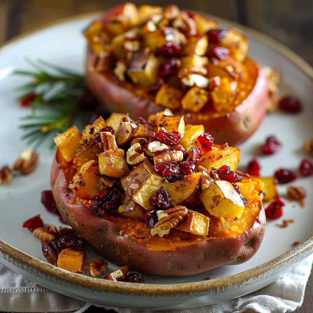 Cranberry Apple Twice-Baked Sweet Potatoes served on a festive plate.