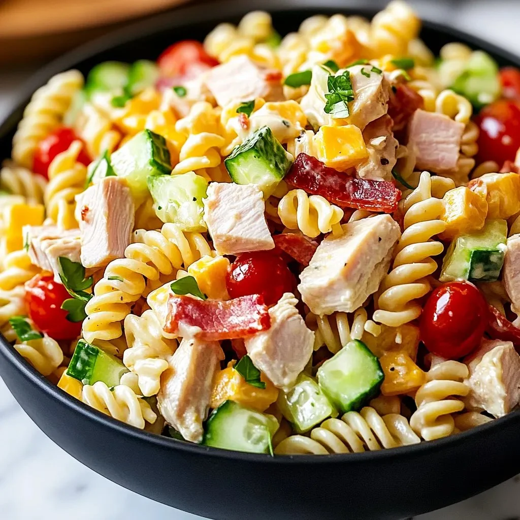 Creamy Chicken Club Pasta Salad with fresh ingredients and pasta