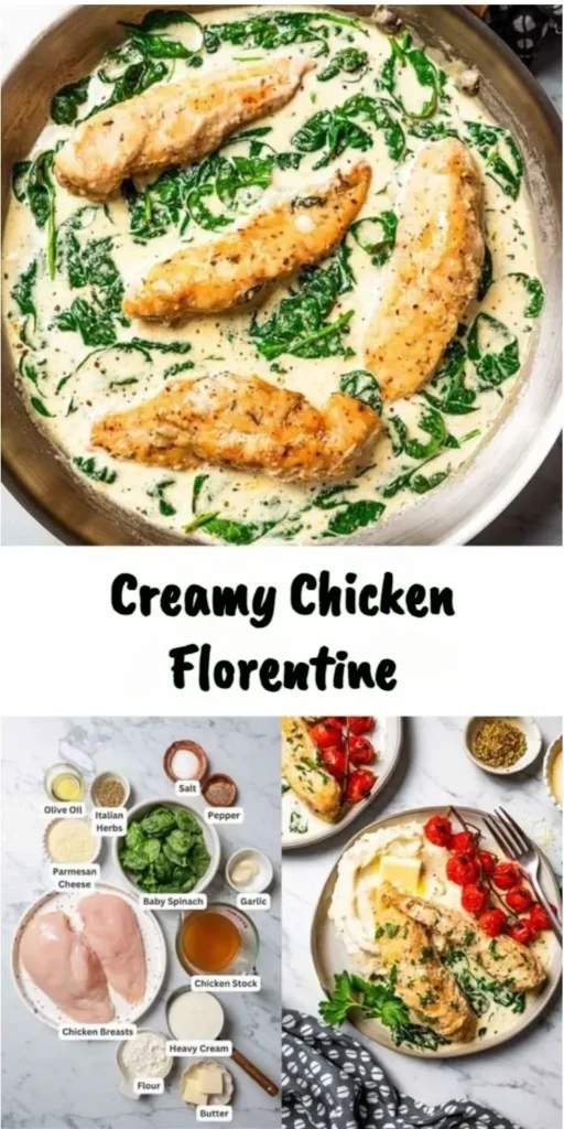 Creamy Chicken Florentine dish with spinach and chicken in a white sauce