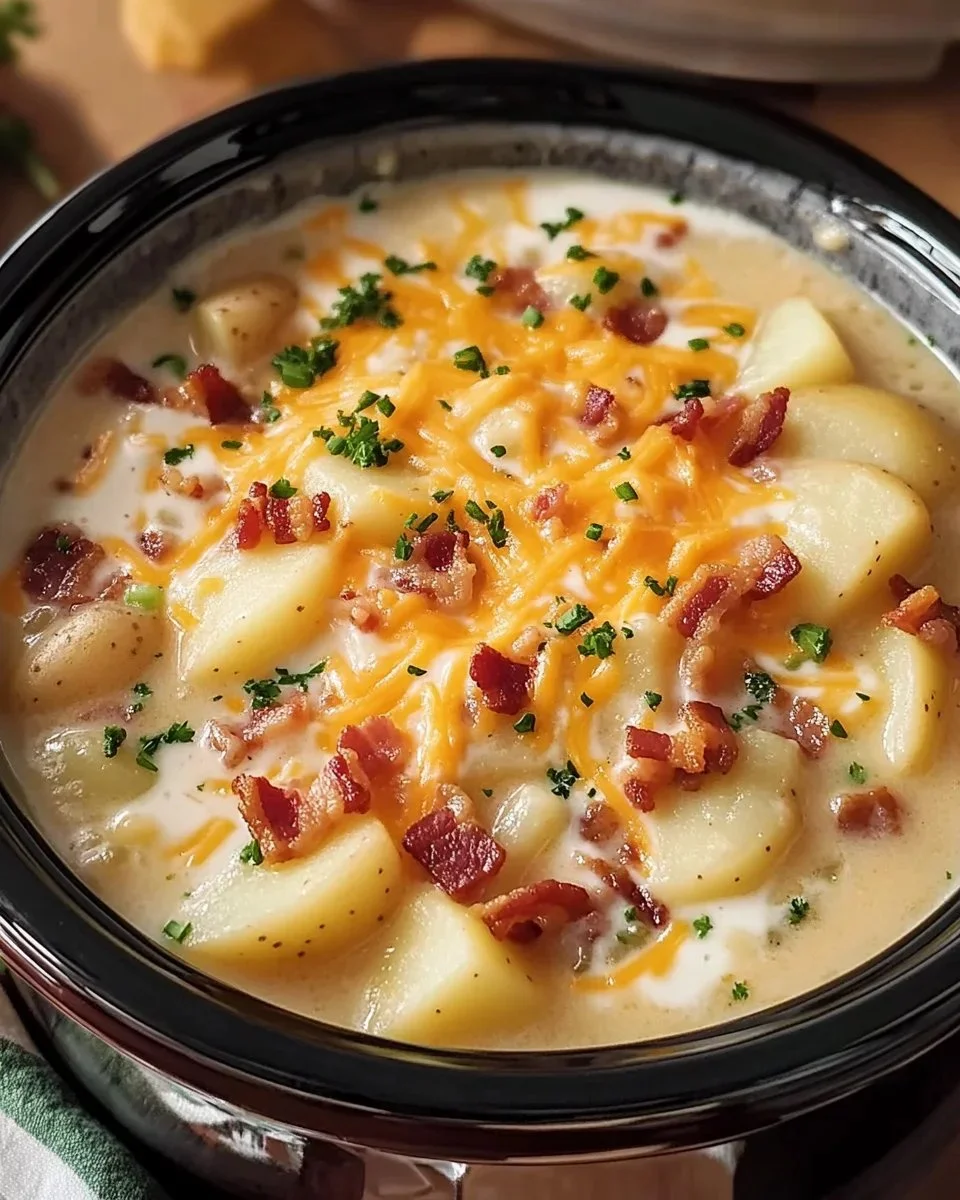 Bowl of creamy Crock Pot Crack Potato Soup garnished with green onions.