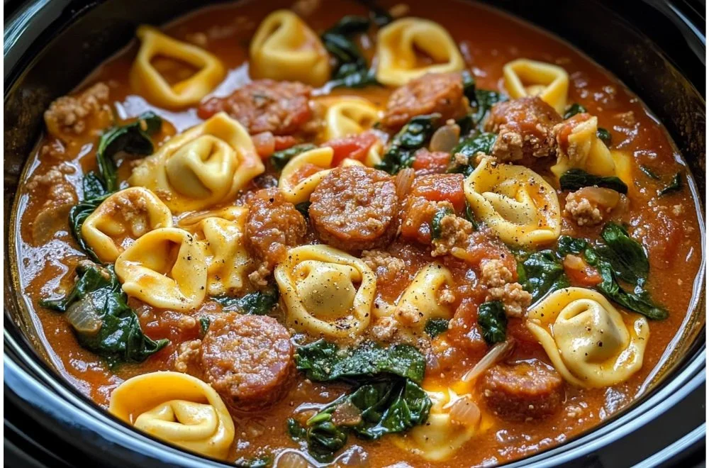 Creamy crockpot cheese tortellini and sausage dish served in a bowl