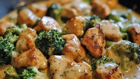 Creamy Garlic Chicken and Broccoli Skillet in a frying pan with vibrant greens