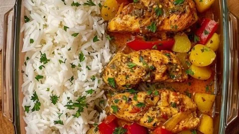 Creamy garlic chicken dish served with herbed potatoes and fluffy rice