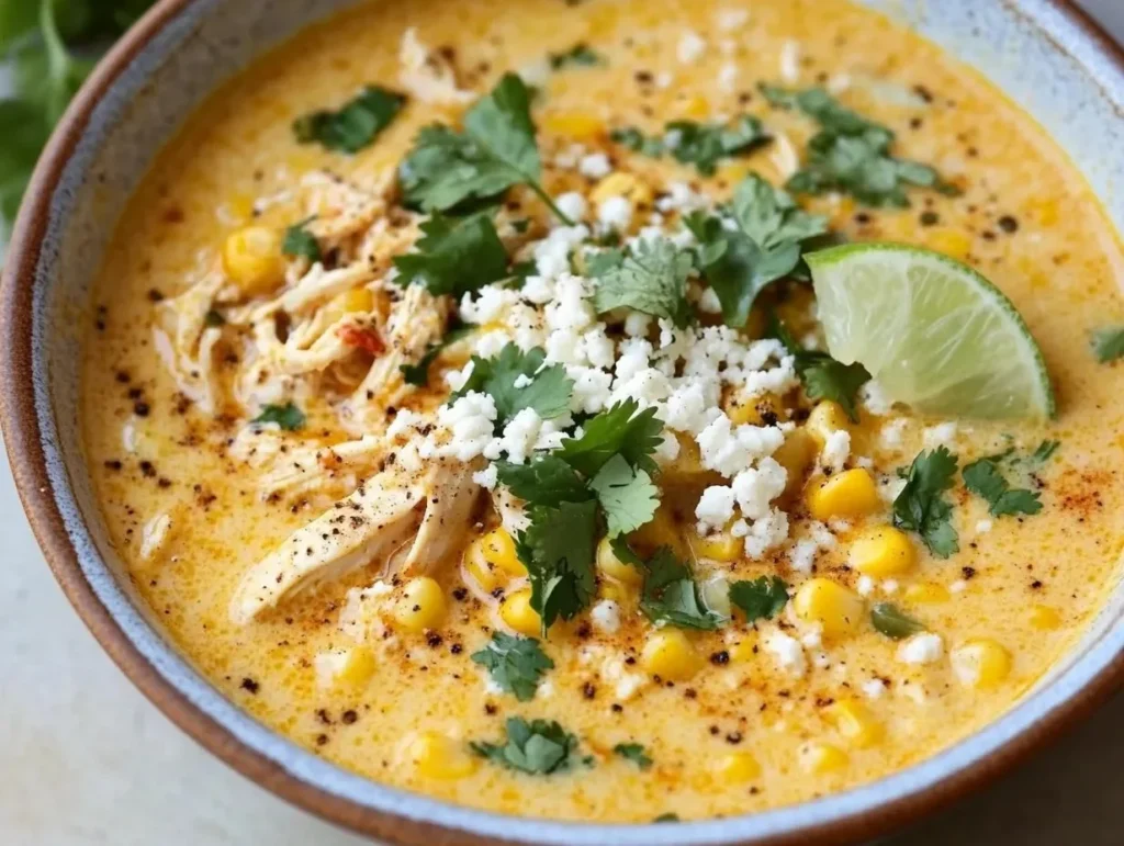 Bowl of creamy Mexican Street Corn Soup garnished with fresh cilantro