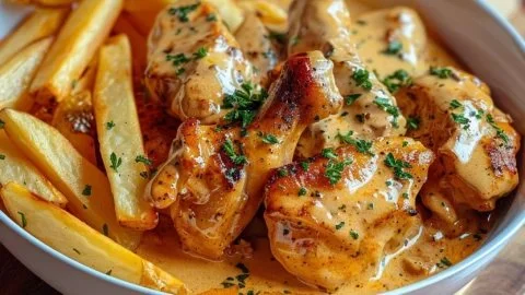 Creamy paprika chicken served with crispy fries on a plate.