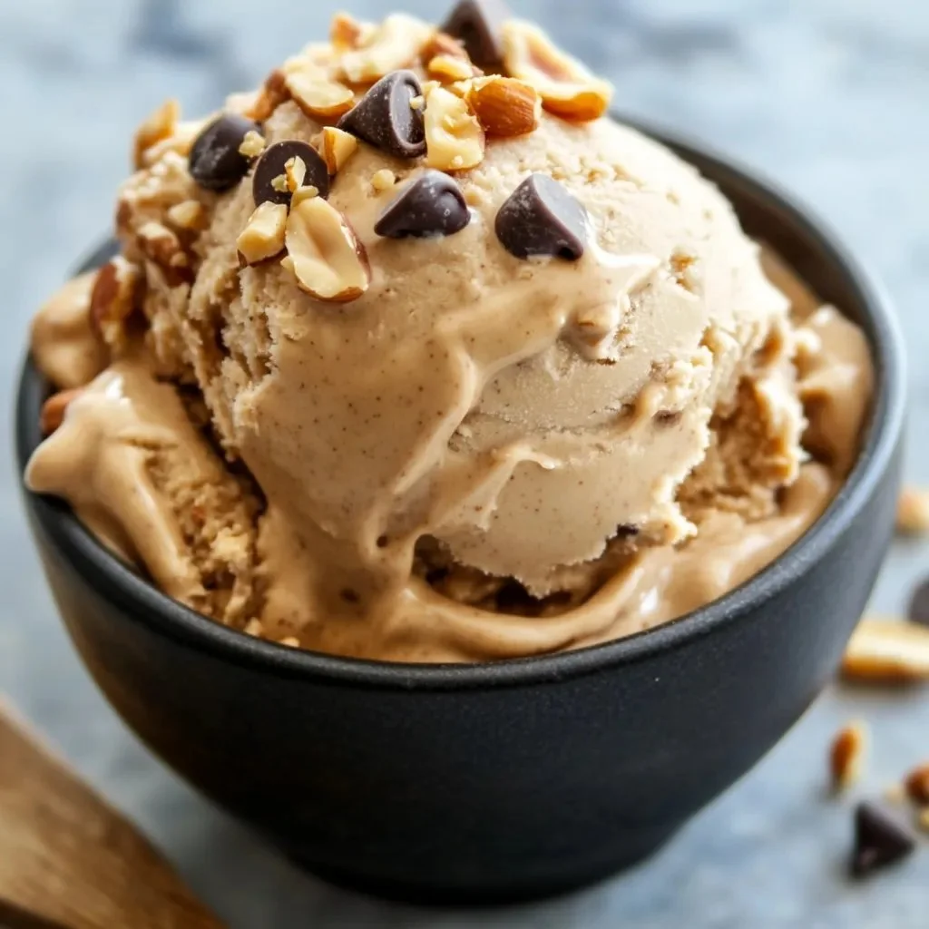 Creamy Peanut Butter Greek Frozen Yogurt in a bowl with a spoon