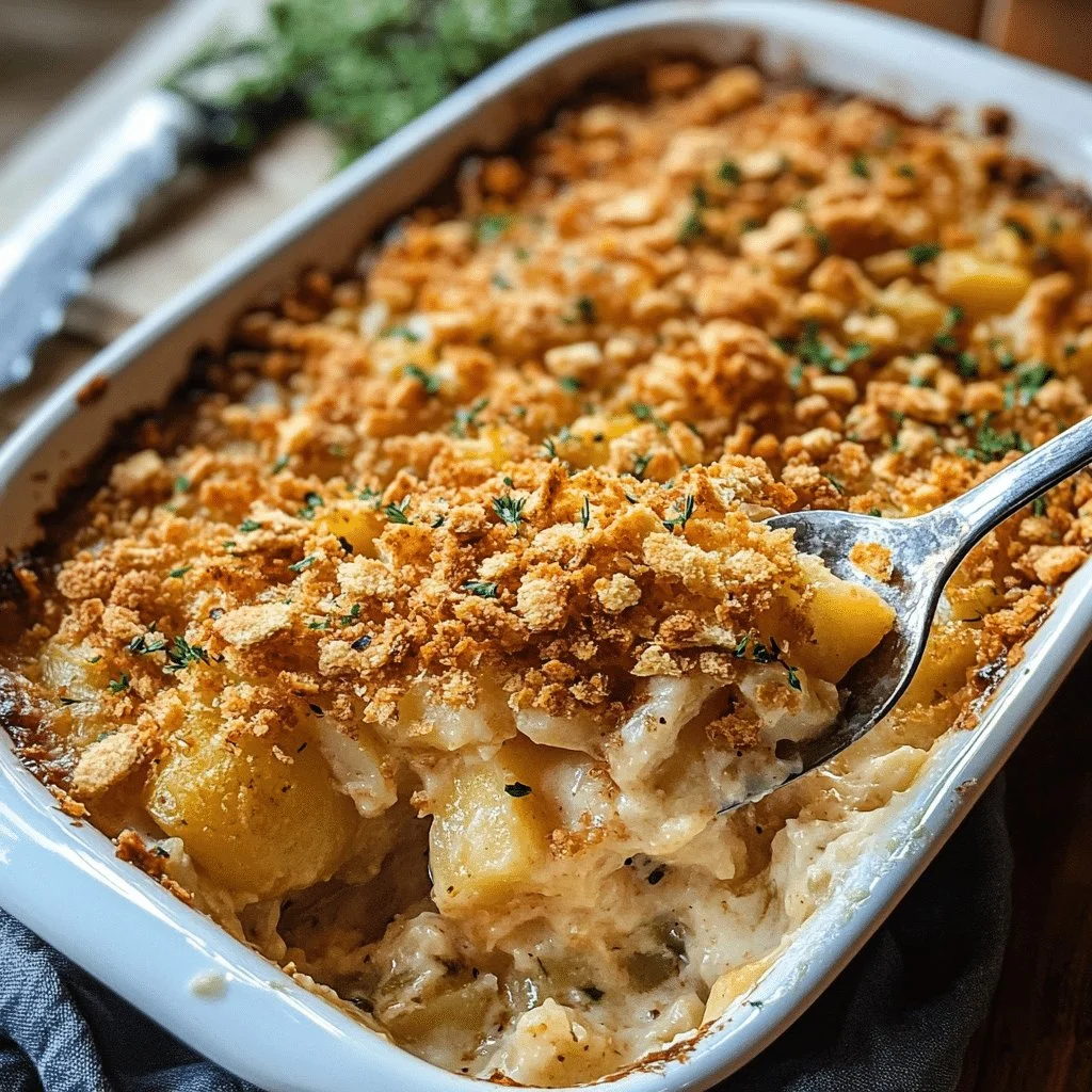 Creamy potato casserole with Ritz cracker topping in a baking dish