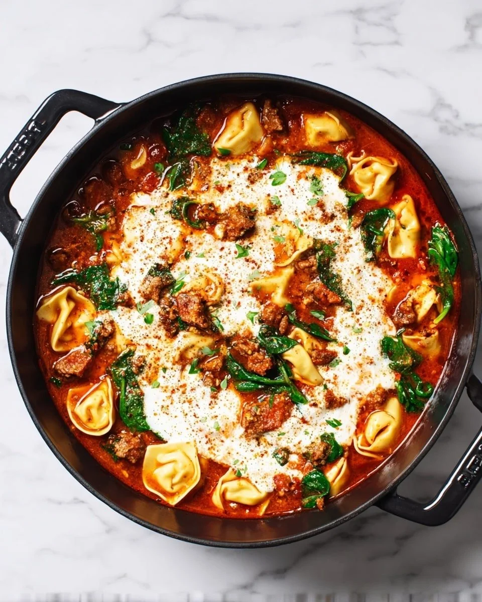 Bowl of creamy sausage tortellini soup garnished with herbs and spices