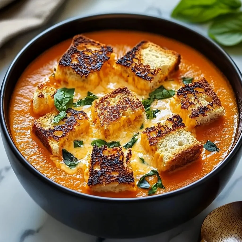 Bowl of creamy tomato bisque topped with grilled cheese croutons