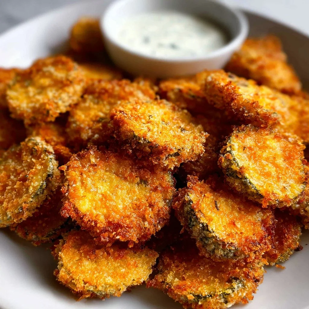 Crispy air fryer fried pickles served with a dipping sauce