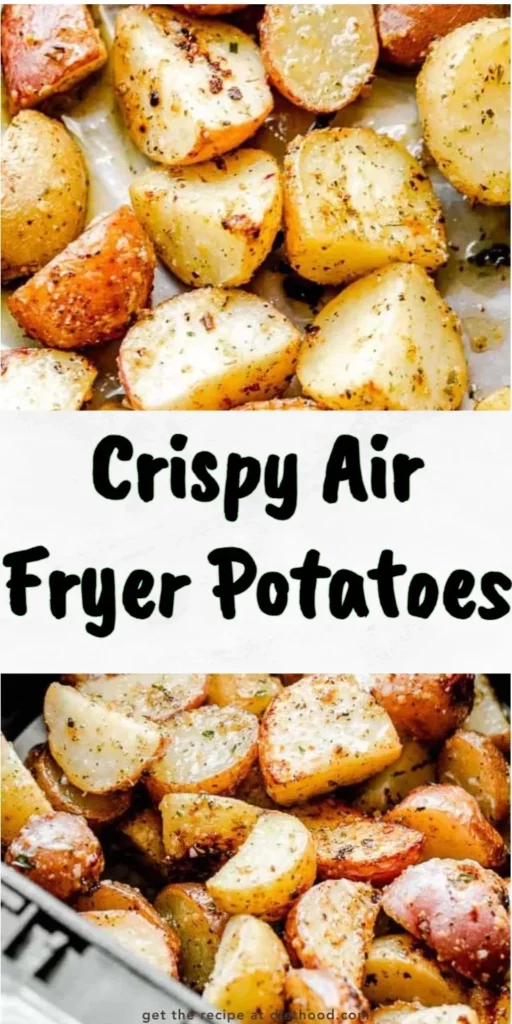 Crispy air fryer potatoes served in a bowl with herbs and seasoning.