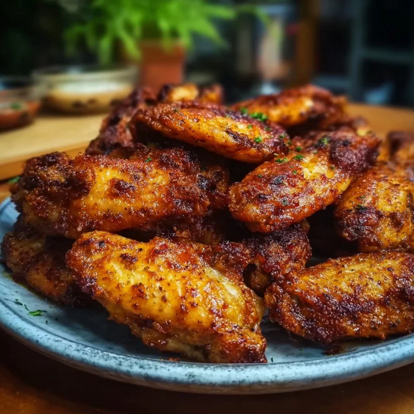 Crispy baked chicken wings served on a platter with dipping sauce