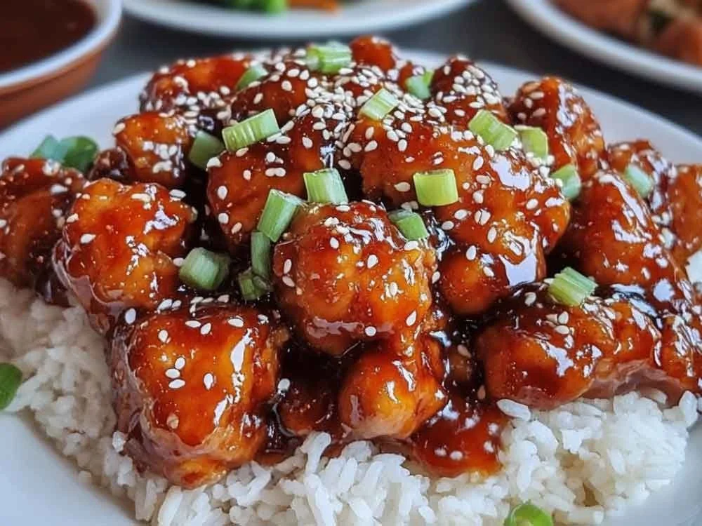 Crispy Chinese Honey Garlic Chicken served with a fresh garnish