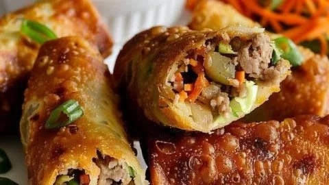 Crispy homemade egg rolls served on a plate with dipping sauce