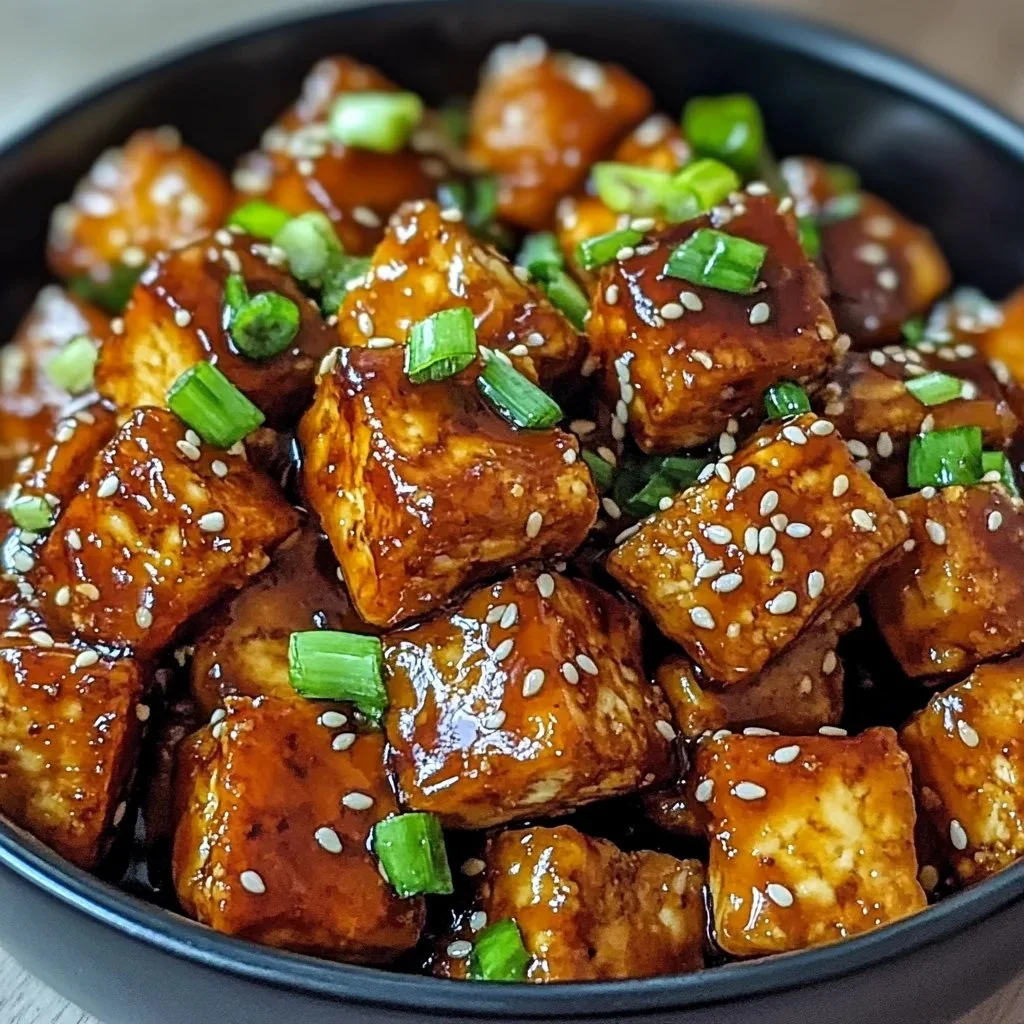 Plate of crispy honey garlic tofu garnished with green onions