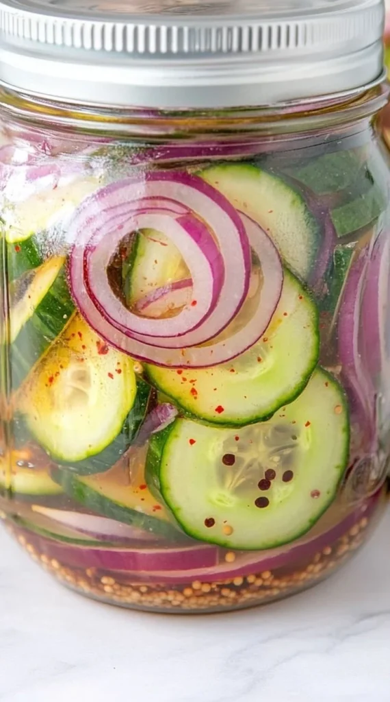 Crispy pickled red onions and cucumbers in a glass jar